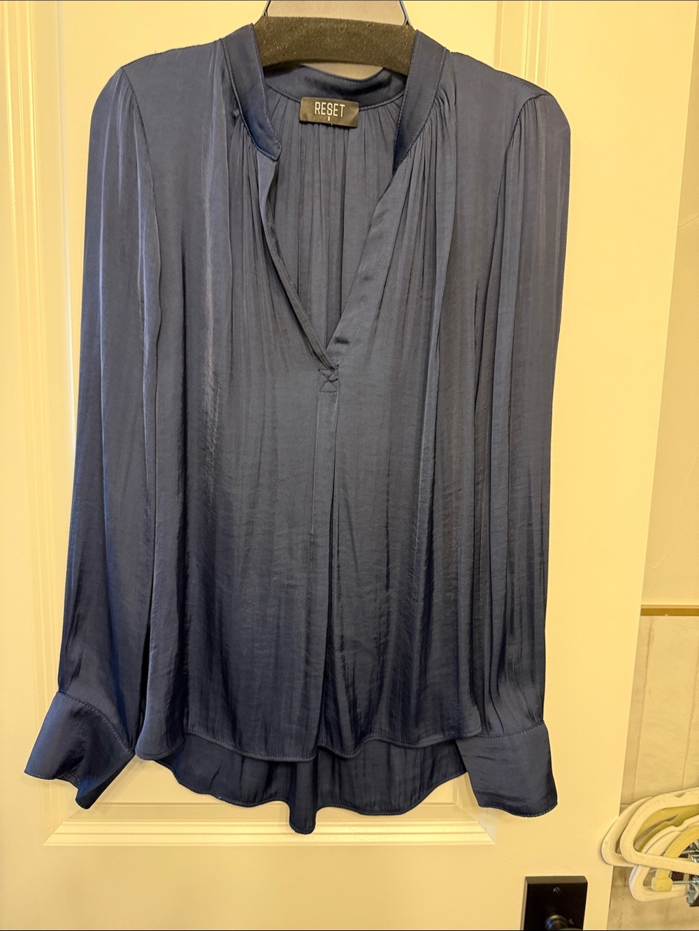 The Reset Navy Long-Sleeve V-Neck Pleated Blouse
